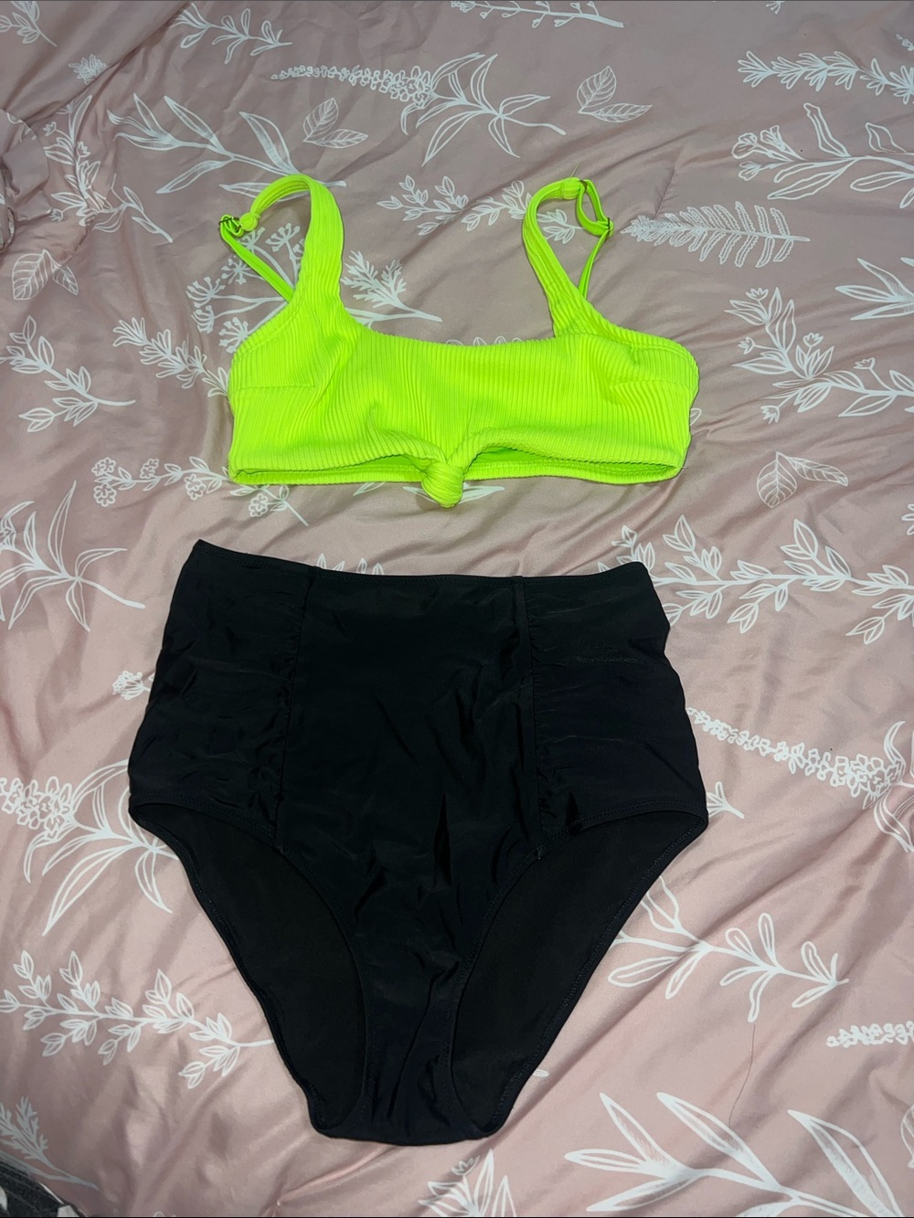 Neon Yellow Ribbed Knot Bralette & Black High Waist Bottoms